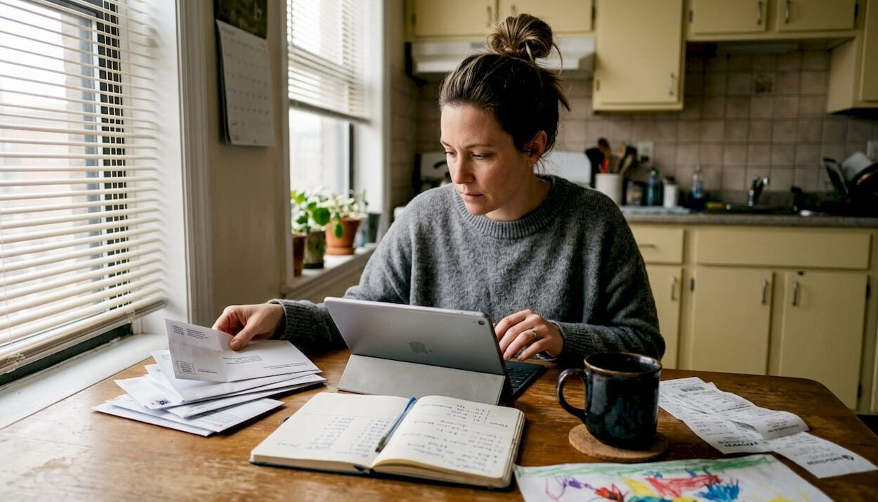 Woman managing household budget at kitchen table