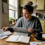 Woman managing household budget at kitchen table