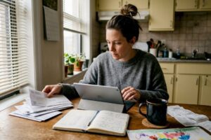 Woman managing household budget at kitchen table