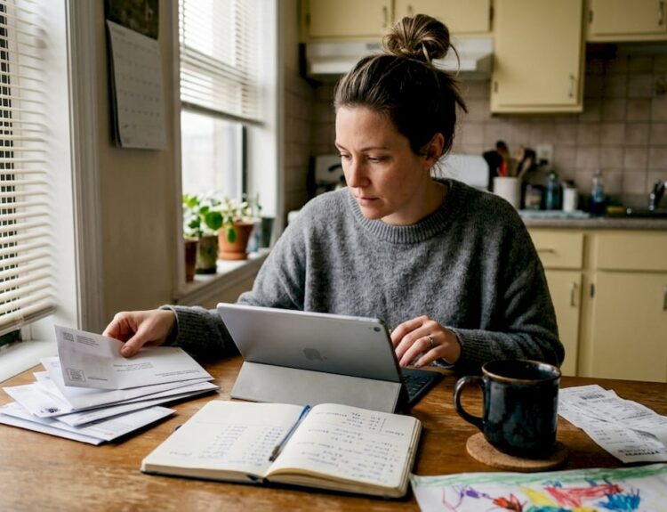 Woman managing household budget at kitchen table