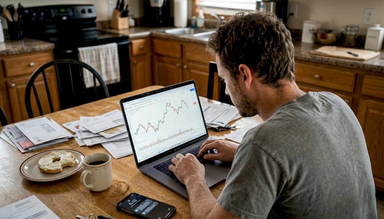 Man in kitchen reviewing falling stock charts
