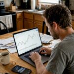 Man in kitchen reviewing falling stock charts