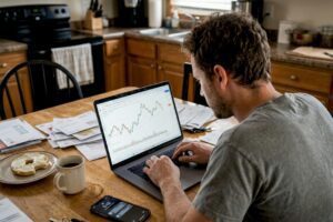 Man in kitchen reviewing falling stock charts