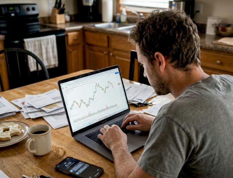 Man in kitchen reviewing falling stock charts