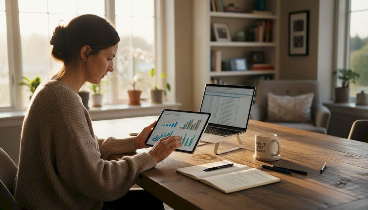 Investor reviewing economic charts at home office