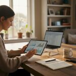 Investor reviewing economic charts at home office