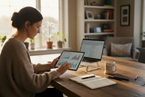 Investor reviewing economic charts at home office