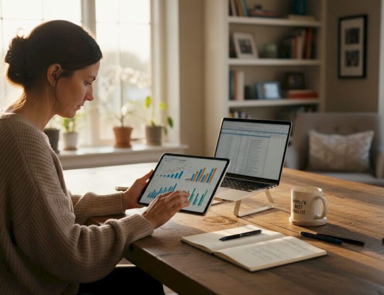 Investor reviewing economic charts at home office