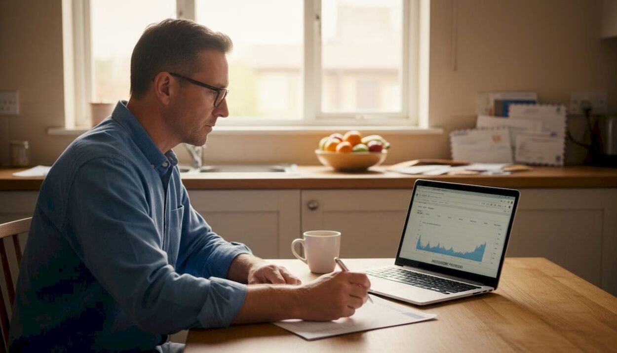Man checks dividends on laptop at kitchen table