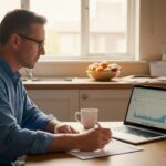 Man checks dividends on laptop at kitchen table