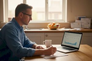 Man checks dividends on laptop at kitchen table