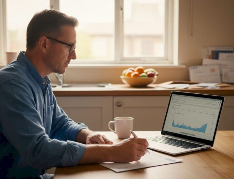 Man checks dividends on laptop at kitchen table