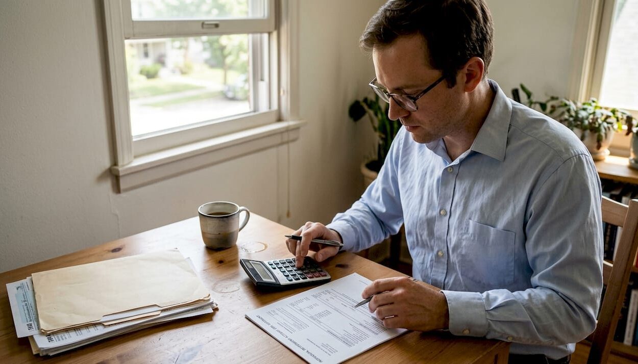 Man reviewing IRA paperwork at home desk