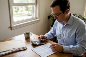 Man reviewing IRA paperwork at home desk