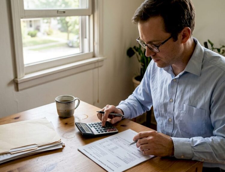 Man reviewing IRA paperwork at home desk