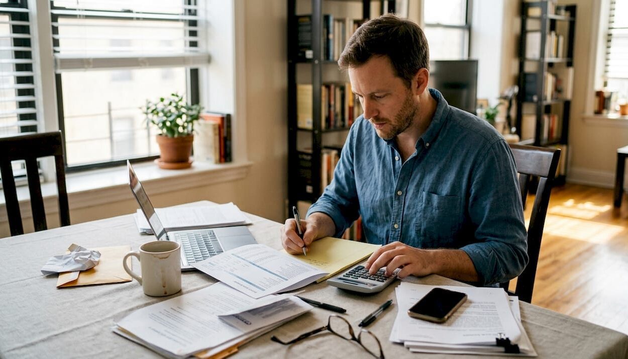 Professional checking finances in sunlit home office