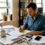 Professional checking finances in sunlit home office
