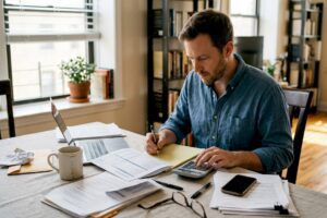 Professional checking finances in sunlit home office