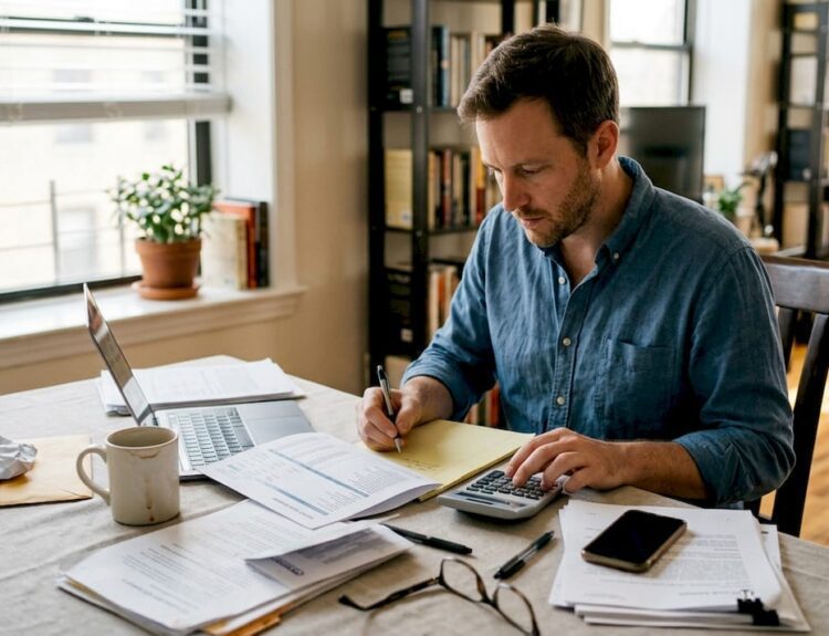 Professional checking finances in sunlit home office