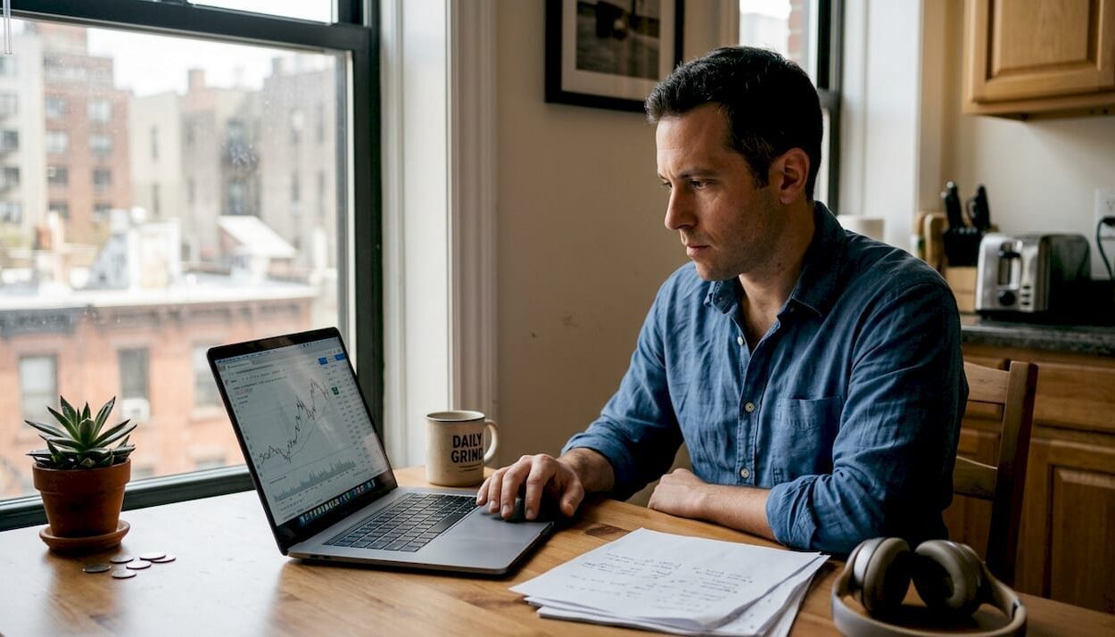 Man reviewing investments at kitchen table