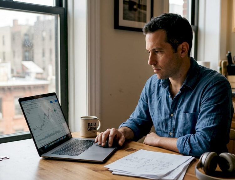 Man reviewing investments at kitchen table