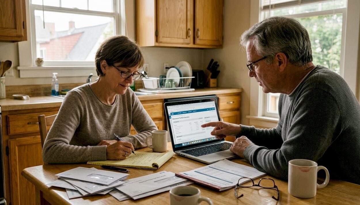Couple reviewing finances at kitchen table