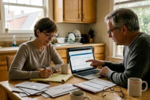 Couple reviewing finances at kitchen table