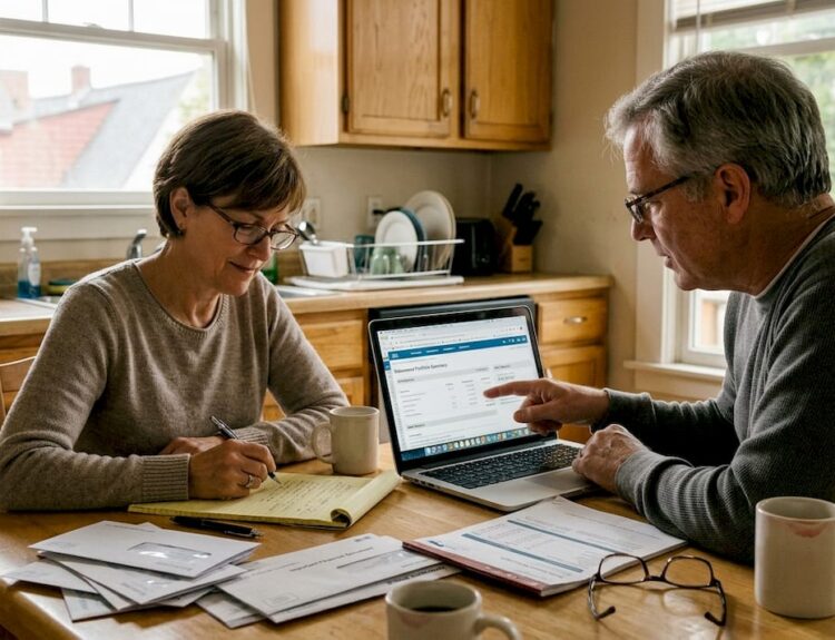 Couple reviewing finances at kitchen table