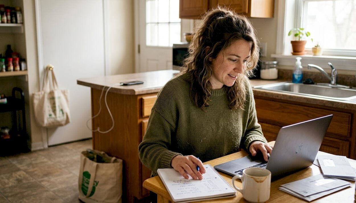 Woman reviewing finances at kitchen table
