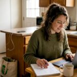 Woman reviewing finances at kitchen table