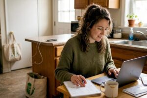 Woman reviewing finances at kitchen table