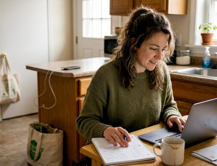 Woman reviewing finances at kitchen table