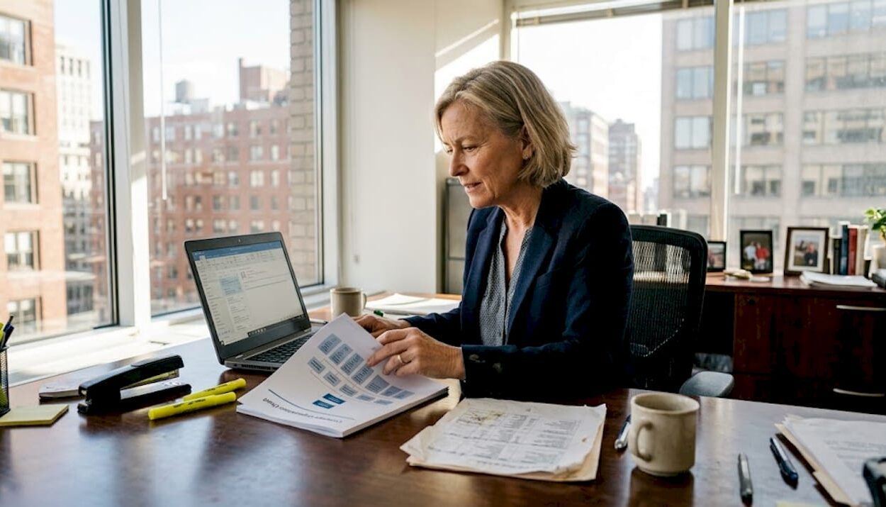 Executive reviews succession chart in corner office