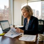 Executive reviews succession chart in corner office