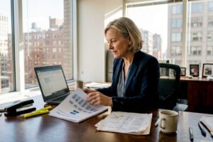 Executive reviews succession chart in corner office