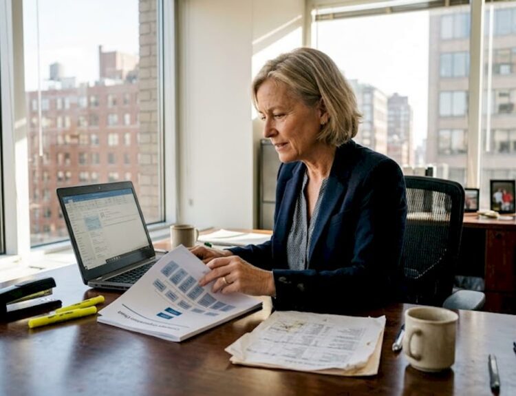 Executive reviews succession chart in corner office