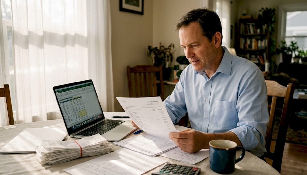 Investor reading tax summary at home table