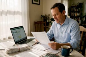 Investor reading tax summary at home table