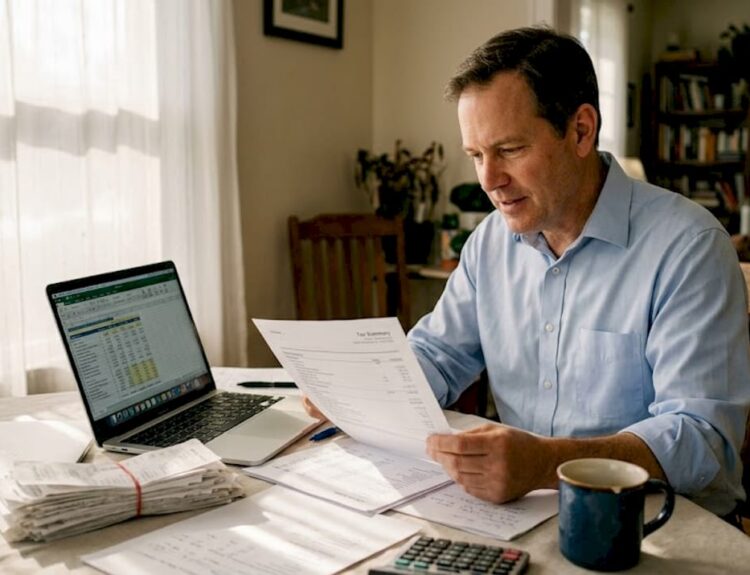 Investor reading tax summary at home table