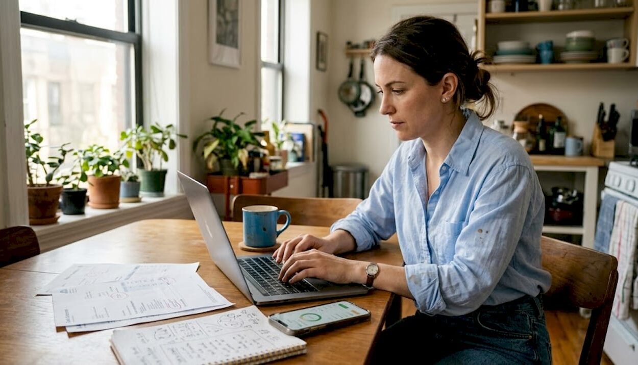Woman budgeting at kitchen table in morning