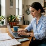 Woman budgeting at kitchen table in morning