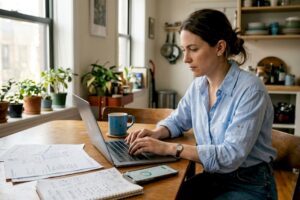 Woman budgeting at kitchen table in morning