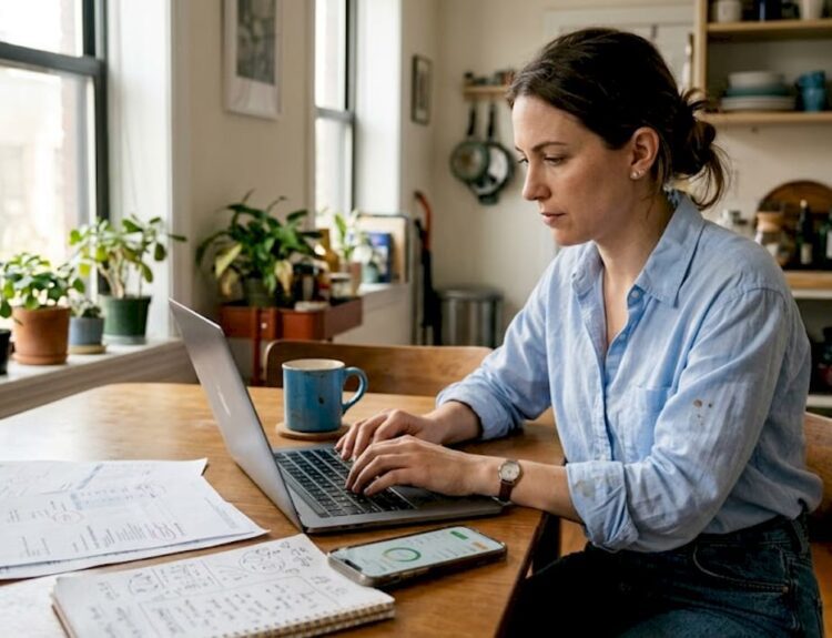 Woman budgeting at kitchen table in morning