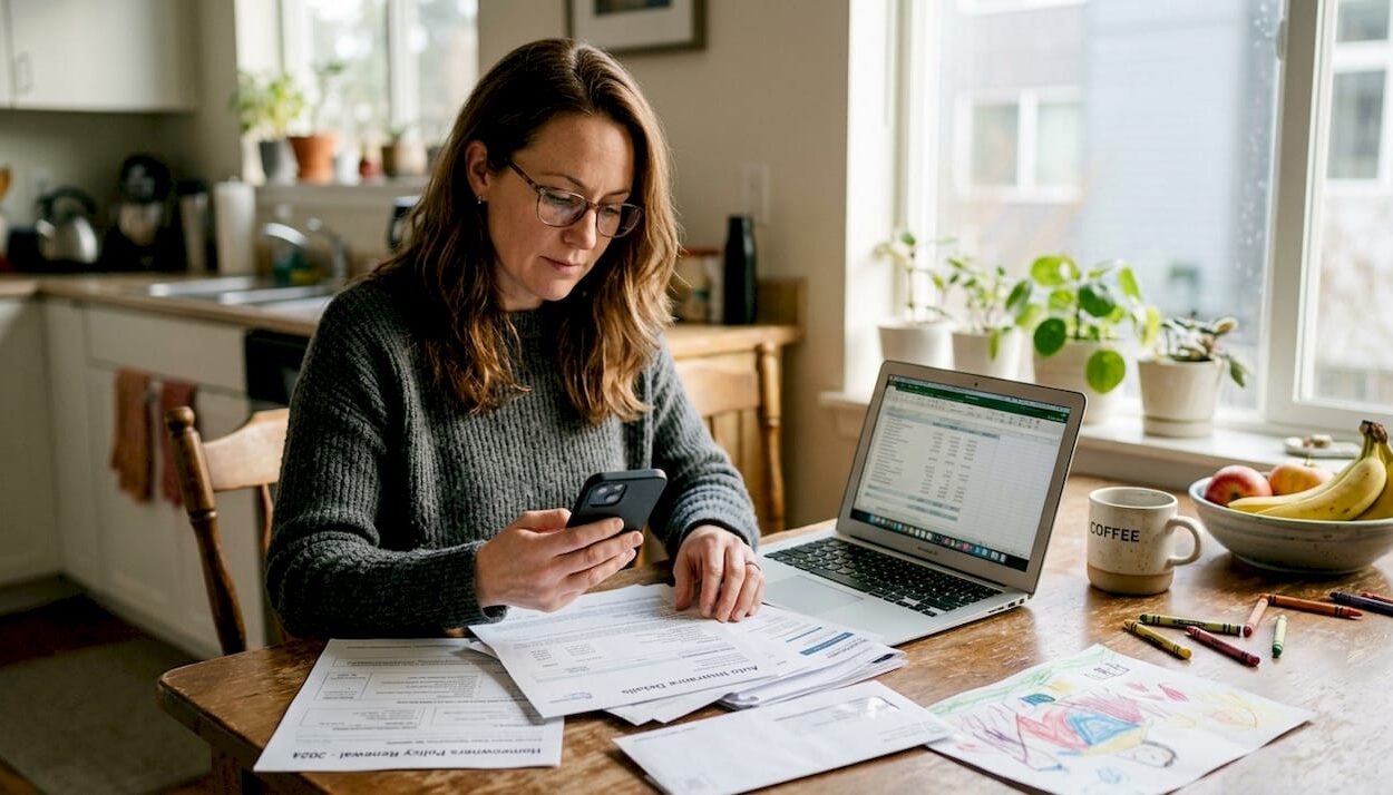Woman reviewing insurance at kitchen table