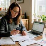 Woman reviewing insurance at kitchen table