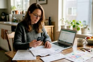 Woman reviewing insurance at kitchen table