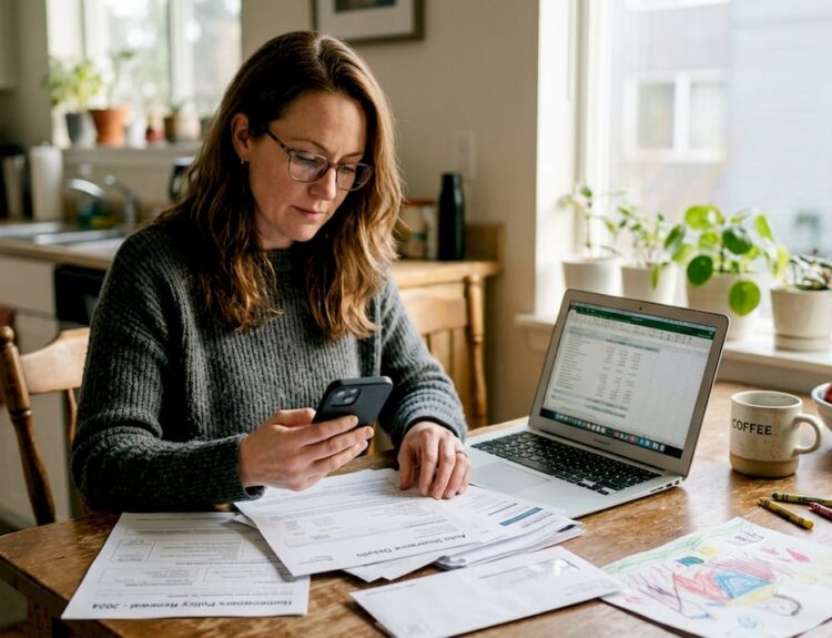 Woman reviewing insurance at kitchen table