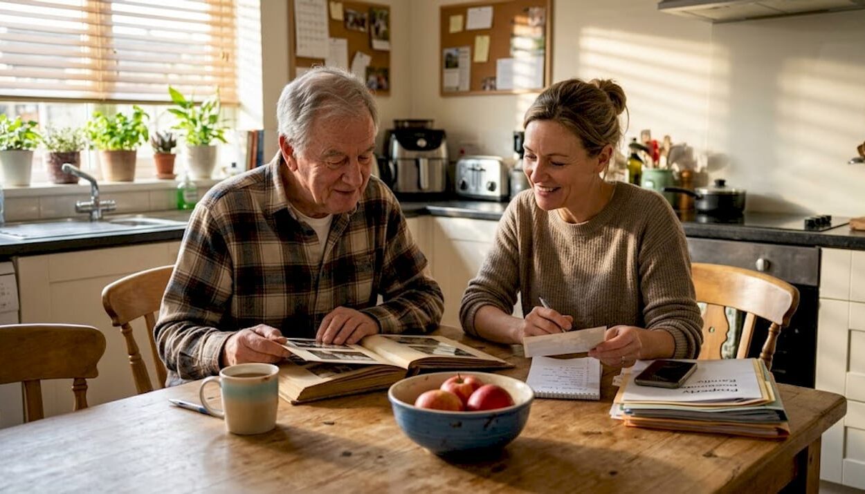 Family discussing generational wealth at home table