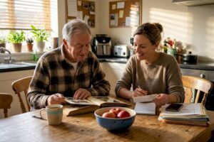Family discussing generational wealth at home table