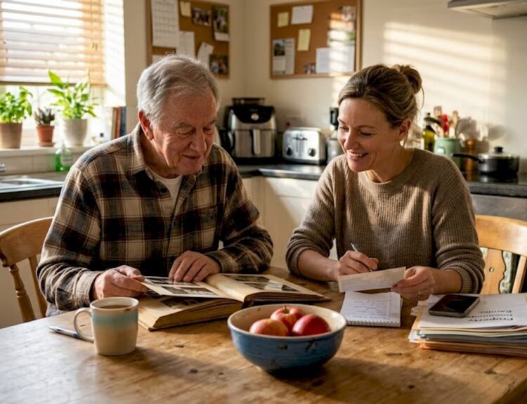 Family discussing generational wealth at home table